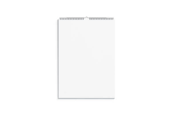 Blank white calendar mock up front view, isolated Blank white calendar mock up front view, isolated, 3d rendering. Empty almanac a3 mockup with metal spirals. Clear wall mounted menology template. Portrait vertical calender wall calendar stock pictures, royalty-free photos & images