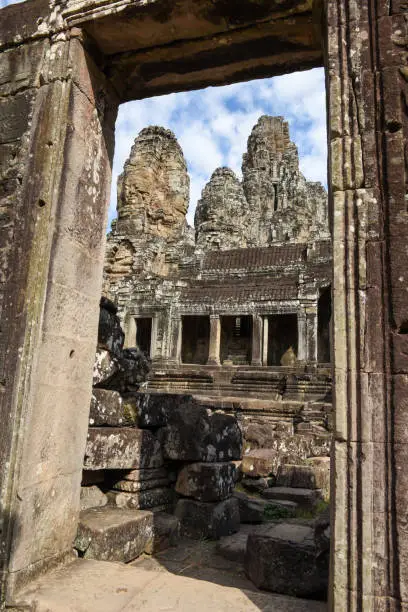 Faces of Bayon temple in Angkor Thom at Siemreap on Cambodia.