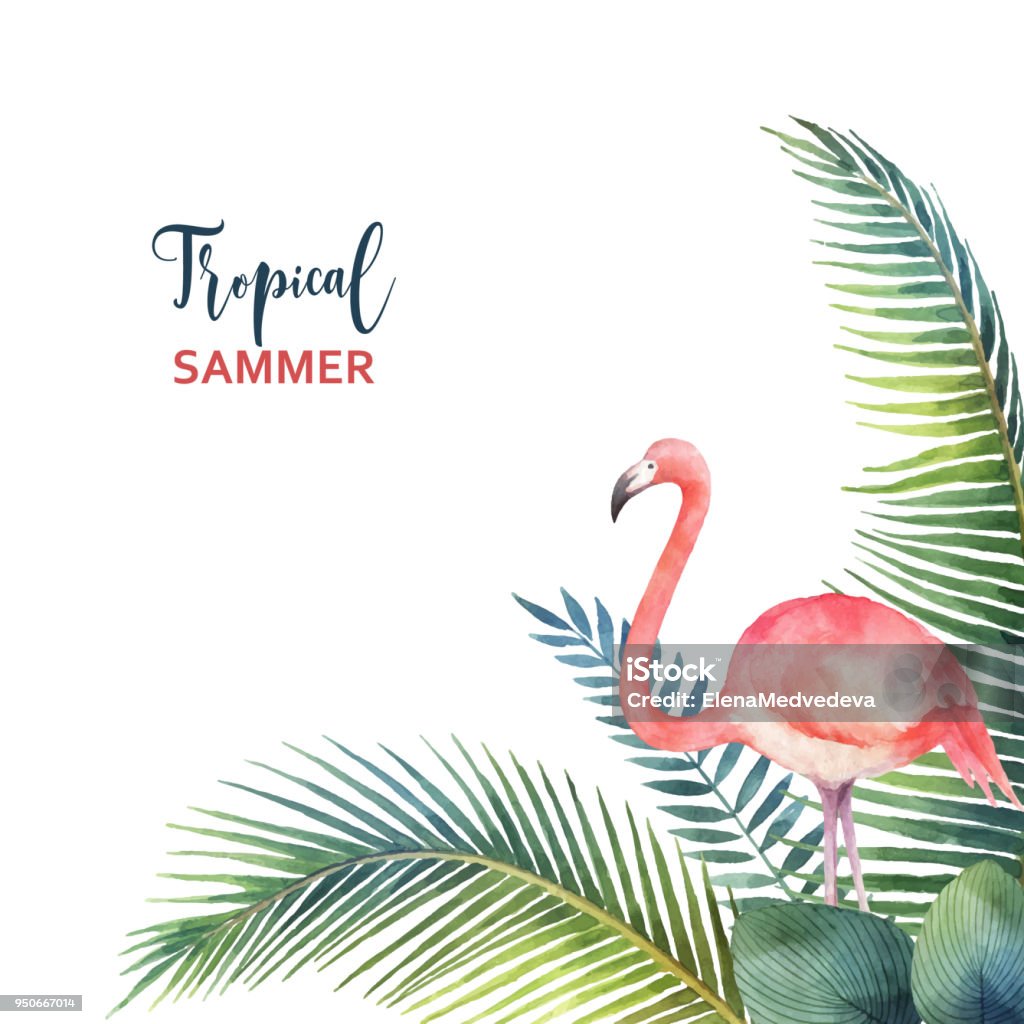 Watercolor vector card of tropical leaves and the pink Flamingo isolated on white background. Watercolor vector card of tropical leaves and the pink Flamingo isolated on white background. Illustration for design wedding invitations, greeting cards, decor. Flamingo stock vector