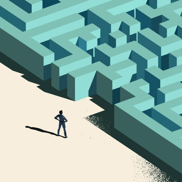 Business Challenge Ahead Business Challenge - Labyrinth Ahead. A person standing at the entrance to a maze. Conceptual vector illustration. maze stock illustrations