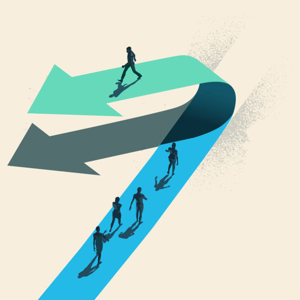 A Change of Direction A Change of Direction. A businessman choosing to walk in the opposite direction to other people on top of a arrow. Business conceptual vector illustration. change stock illustrations