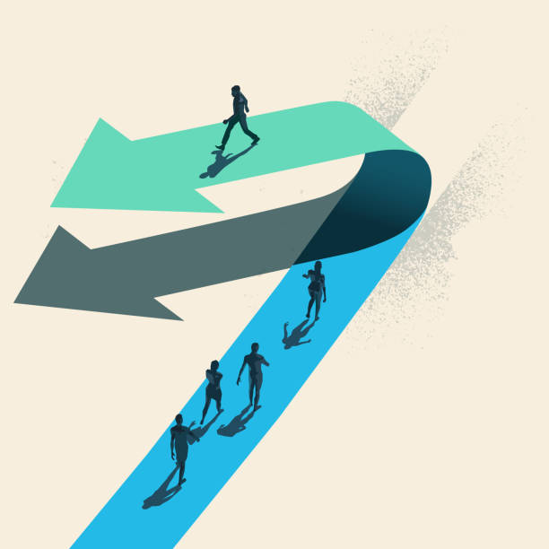 A Change of Direction A Change of Direction. A businessman choosing to walk in the opposite direction to other people on top of a arrow. Business conceptual vector illustration. turning stock illustrations