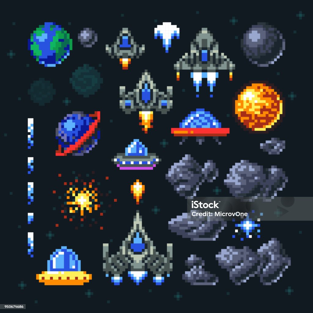 Retro space arcade game pixel elements. Invaders, spaceships, planets and ufo vector set Retro space arcade game pixel elements. Invaders, spaceships, planets and ufo vector set. Video arcade game in pixel art, illustration of spaceship and invader rocket Leisure Games stock vector