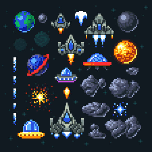 Retro space arcade game pixel elements. Invaders, spaceships, planets and ufo vector set Retro space arcade game pixel elements. Invaders, spaceships, planets and ufo vector set. Video arcade game in pixel art, illustration of spaceship and invader rocket space invaders game stock illustrations