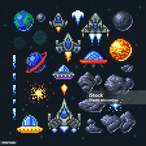 Retro Space Arcade Game Pixel Elements Invaders Spaceships Planets And Ufo Vector Set Stock Illustration - Download Image Now
