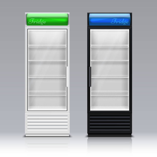 istock Modern commercial display fridge. Supermarket freezer equipment for drinks vector template 950674786