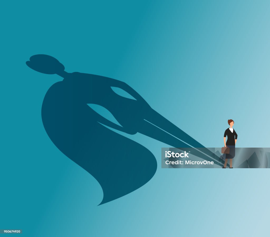 Executive woman with superhero shadow. Strong businesswoman and business victory vector concept Executive woman with superhero shadow. Strong businesswoman and business victory vector concept. Woman superhero, female with cape, businesswoman leadership illustration Women stock vector