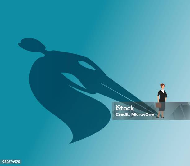 Executive Woman With Superhero Shadow Strong Businesswoman And Business Victory Vector Concept Stock Illustration - Download Image Now