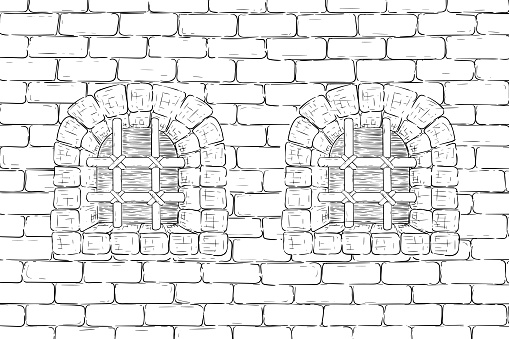 Old brick wall with barred windows. Hand drawing, vintage sketch. Vector illustration