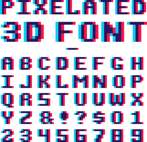 ilustrações, clipart, desenhos animados e ícones de vídeo game pixelated 3d font. 8 bits pixel arte velha escola latin alfabeto com efeitos de distorção do anaglyph - anaglyph