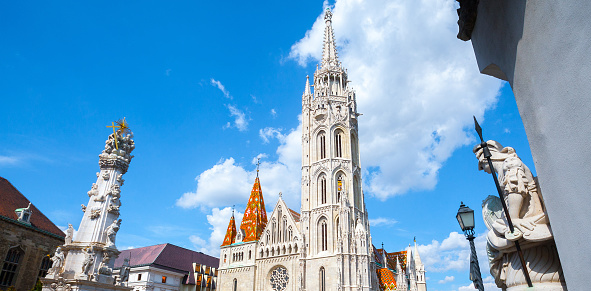 The Matthias Church(Nagyboldogasszony-templom) in the Fisherman's Bastion at the heart of Buda's Castle District. Beautiful gothic architecture style. Summertime sunny day in Budapest, Hungary.
