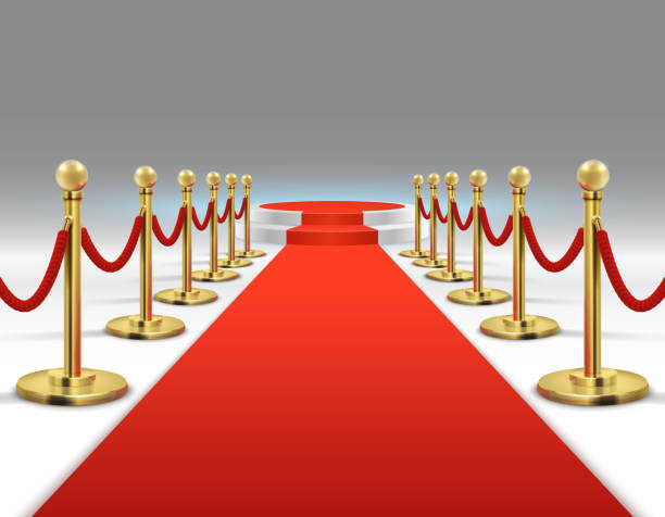 istock Elegant red carpet with round podium. Celebrity lifestyle, prestige and glamour vector background 950677086