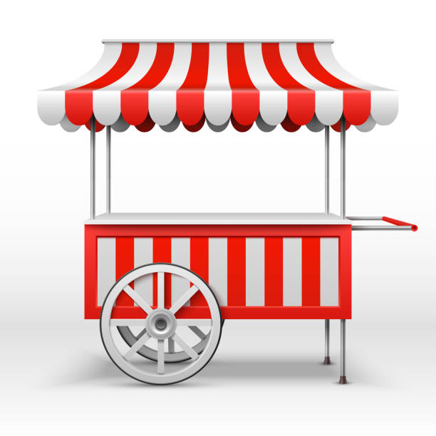 istock Mobile market stall with wheels. Blank farmer market cart vector template 950677156