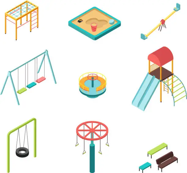 Vector illustration of Isometric 3D outdoor kids playground vector cartoon elements isolated