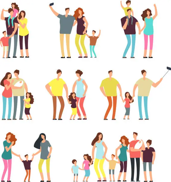 Vector illustration of Happy family groups. Adult parents couple playing with kids vector cartoon people isolated