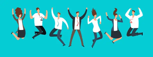 Vector illustration of Happy excited business people, employees jumping together. Successful team work and leadership vector cartoon concept