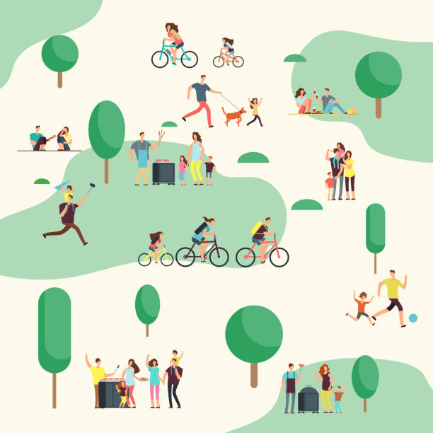 grupy ludzi na pikniku z grillem. szczęśliwe rodziny w różnych aktywności na świeżym powietrzu w letnim parku. postacie wektorowe z kreskówek - amusement park ride stock illustrations