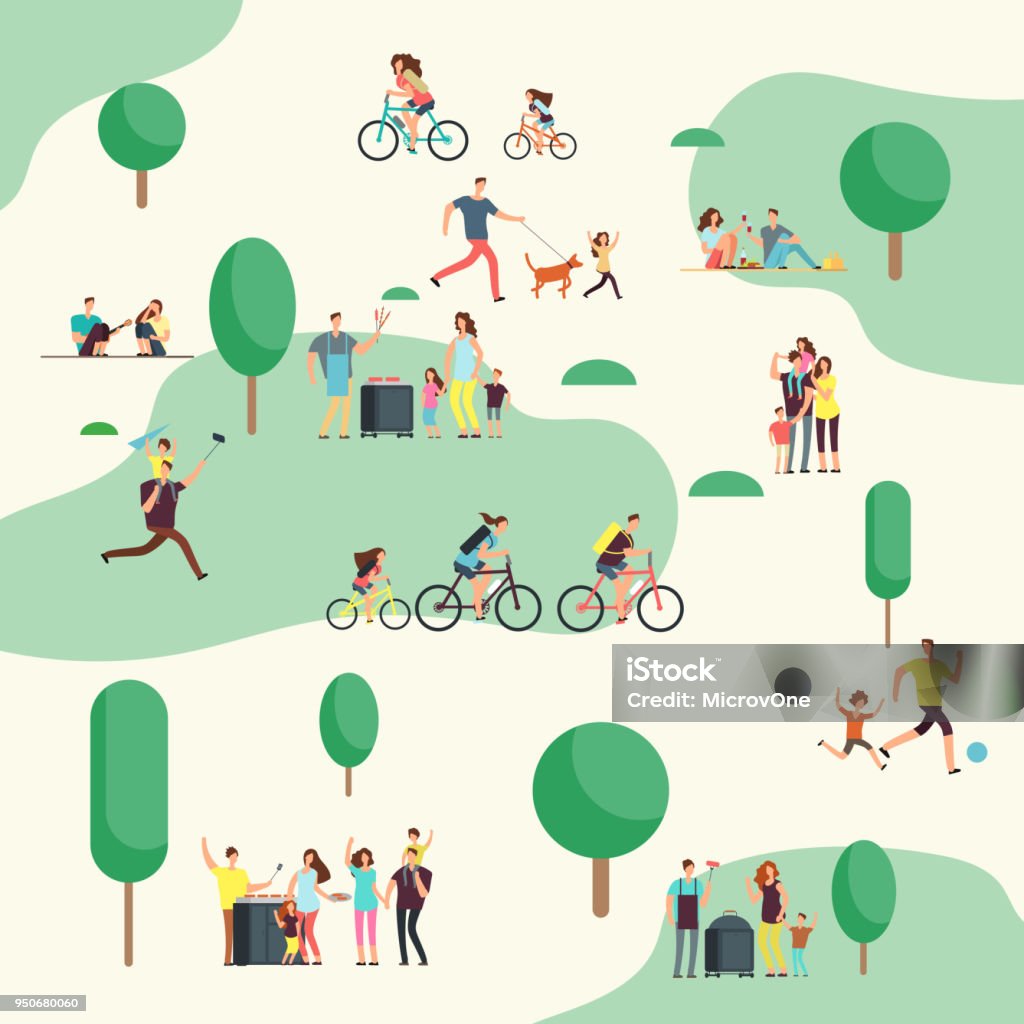 People groups on on bbq picnic. Happy families in various outdoor activity in summer park. Cartoon vector characters People groups on on bbq picnic. Happy families in various outdoor activity in summer park. Cartoon vector characters family in green park outdoor illustration Family stock vector