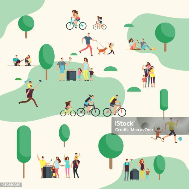 People Groups On On Bbq Picnic Happy Families In Various Outdoor Activity In Summer Park Cartoon Vector Characters Stock Illustration - Download Image Now