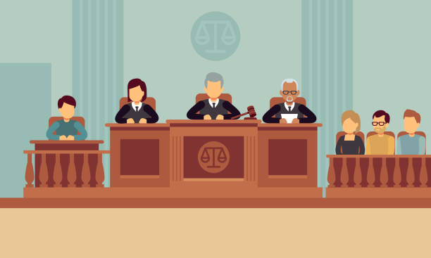 ilustraciones, imágenes clip art, dibujos animados e iconos de stock de interior de la sala de audiencias con jueces y abogados. concepto de vector de justicia y el derecho - juicio