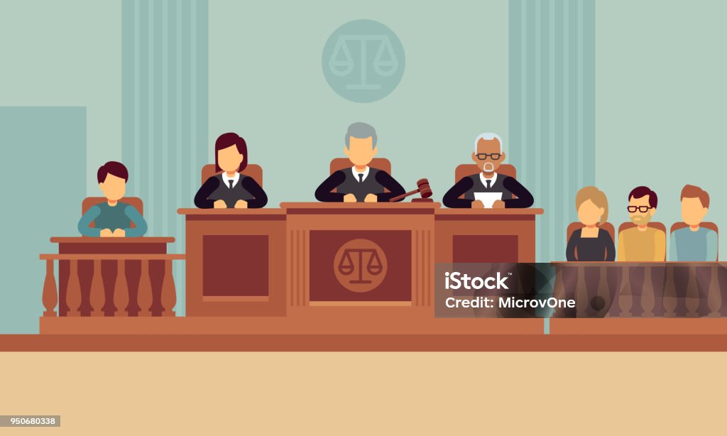 Courtroom interior with judges and lawyer. Justice and law vector concept Courtroom interior with judges and lawyer. Justice and law vector concept. Justice and lawyer, court and jury illustration Courthouse stock vector