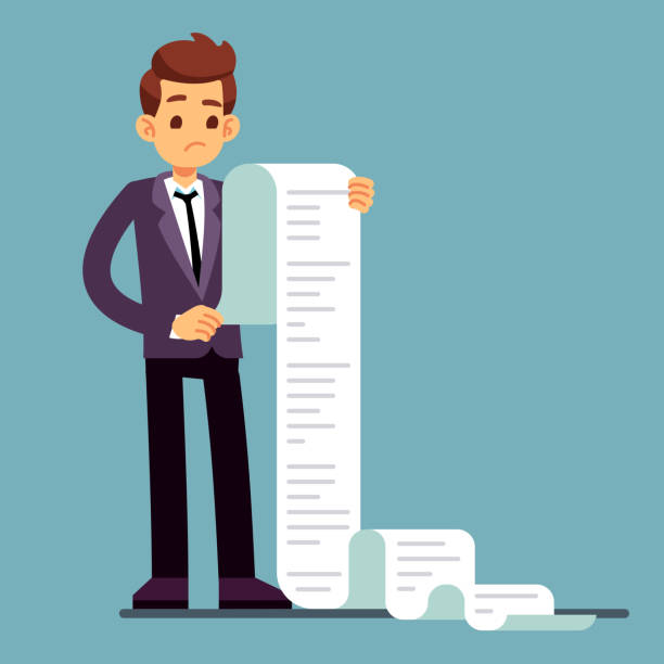 Businessman or male lawyer reading long paper list. Business questionnaire and document report vector concept Businessman or male lawyer reading long paper list. Business questionnaire and document report vector concept. Paper list document, cartoon worker unhappy illustration long stock illustrations