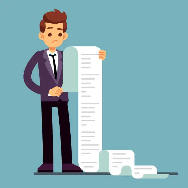 Vector illustration of Businessman or male lawyer reading long paper list. Business questionnaire and document report vector concept