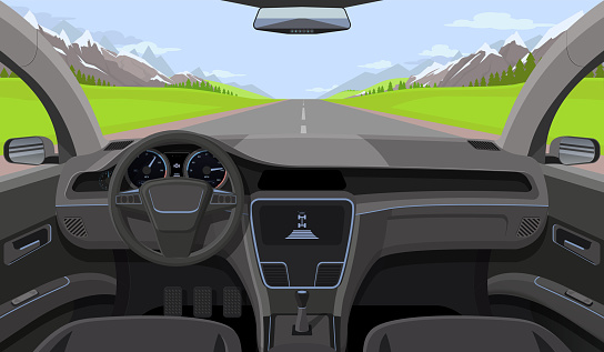 Vehicle salon, inside car driver view with rudder, dashboard and road, landscape in windshield. Driving simulator vector illustration. Car view steering and windshield