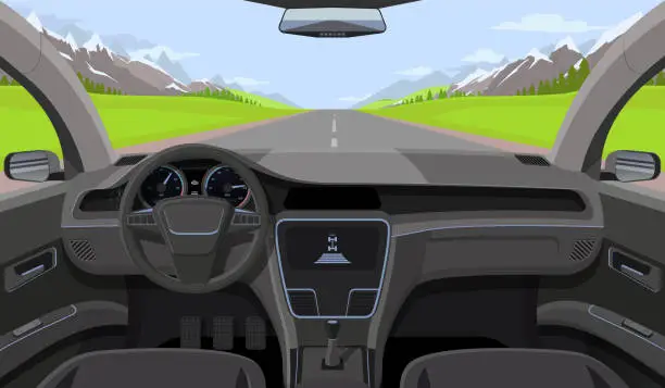 Vector illustration of Vehicle salon, inside car driver view with rudder, dashboard and road, landscape in windshield. Driving simulator vector illustration