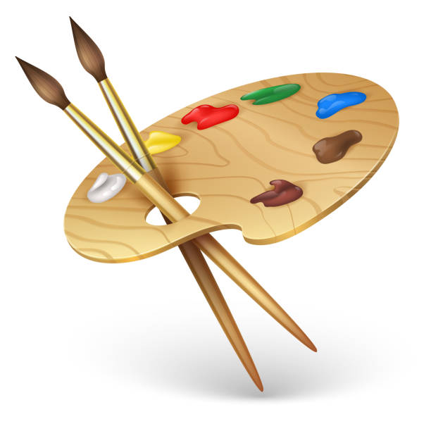 istock Wooden artist palette with paint brushes vector illustration isolated on white background 950680776