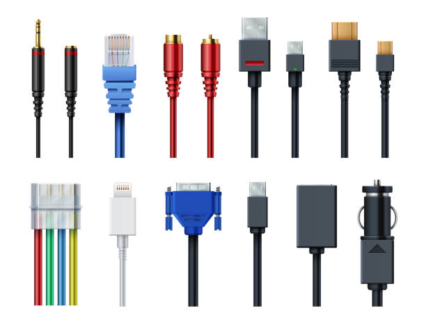 ilustrações de stock, clip art, desenhos animados e ícones de cable wire computer video, audio, usb, hdmi, network and electric conectors and plugs vector set isolated - cable audio equipment electric plug computer cable