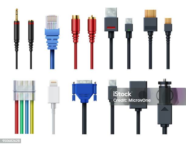 Cable Wire Computer Video Audio Usb Hdmi Network And Electric Conectors And Plugs Vector Set Isolated Stock Illustration - Download Image Now