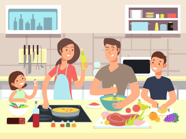 ilustrações de stock, clip art, desenhos animados e ícones de happy family cooking. mother and father with kids cook dishes in kitchen cartoon vector illustration - small group of people illustrations