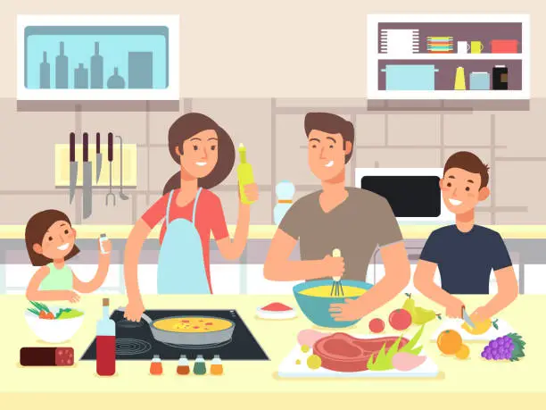 Vector illustration of Happy family cooking. Mother and father with kids cook dishes in kitchen cartoon vector illustration