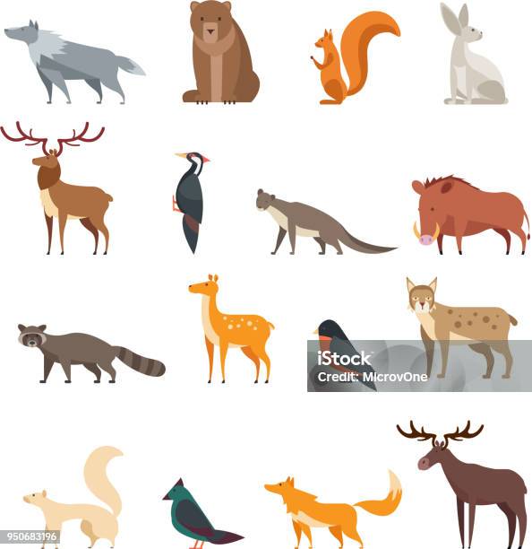 Forest Wild Animals And Birds Cartoon Vector Set Isolated Flat Deer Bear Rabbit Squirrel Wolf Fox Raccoon Owl Stock Illustration - Download Image Now