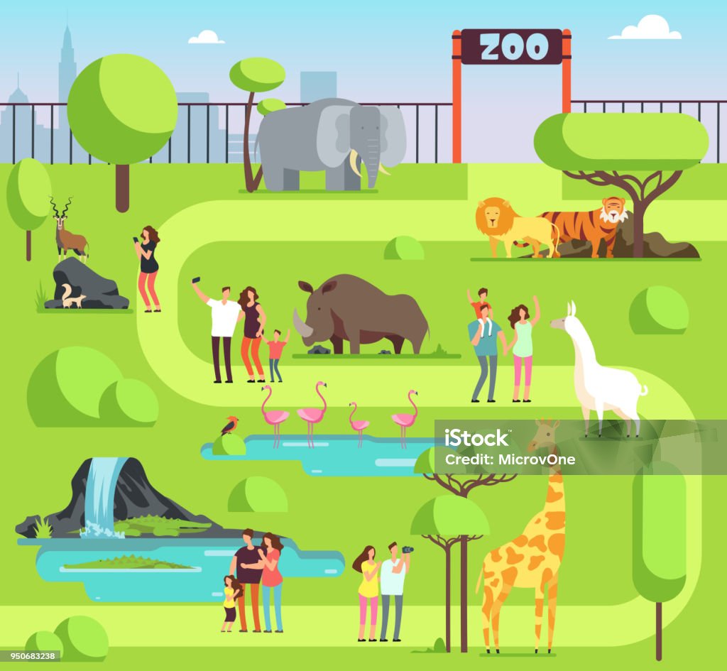 Zoo dei cartoni animati con visitatori e animali safari. Famiglie felici con bambini nell'illustrazione vettoriale del parco zoologico - arte vettoriale royalty-free di Zoo - Struttura con animali in cattività