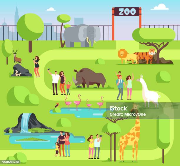 Cartoon Zoo With Visitors And Safari Animals Happy Families With Kids In Zoological Park Vector Illustration Stock Illustration - Download Image Now