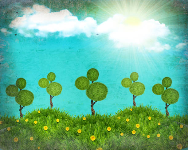 istock Grunge nature  landscape collage with green grass hills and sun on old texture 950683486