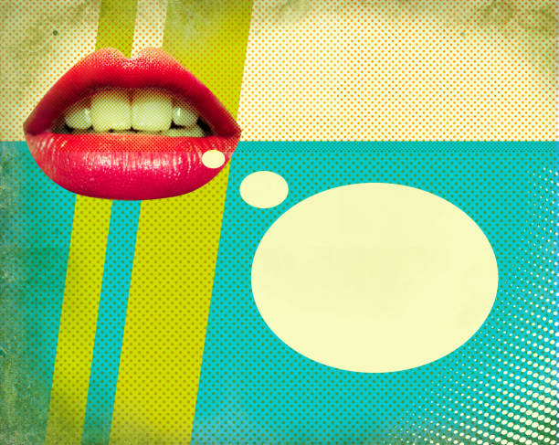 Retro poster with red mouth.Pop art background illustration on old paper texture