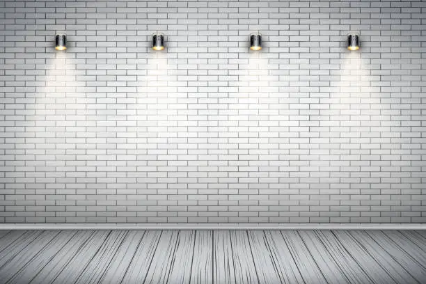 Vector illustration of White brick wall room with vintage spotlights