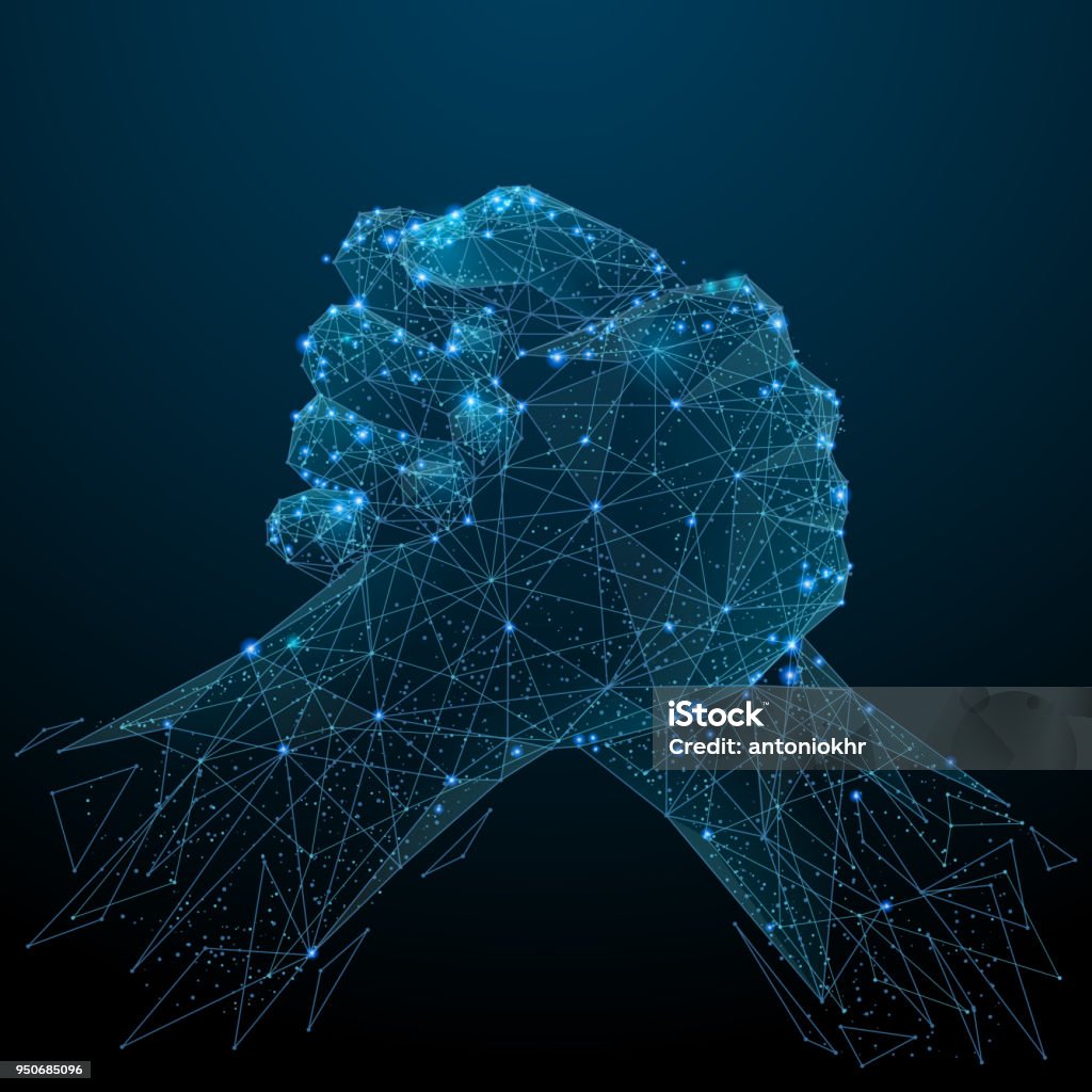 brotherly handshake low poly blue Abstract image of brotherly handshake in the form of a starry sky or space, consisting of points, lines, and shapes in the form of planets, stars and the universe. Vector best deal. RGB Color mode Hand stock vector