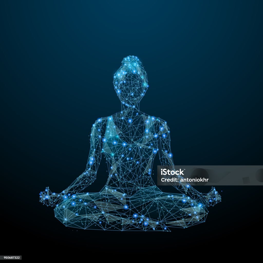 yoga low poly blue Abstract image of woman yogi sits in a lotus pose in the form of a starry sky or space, consisting of points, lines, and shapes in the form of planets, stars and the universe. Vector yoga. RGB Women stock vector