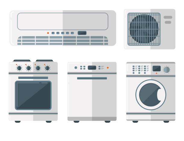 urządzenia gospodarstwa domowego wektor sprzętu gospodarstwa domowego sprzęt gospodarstwa domowego kuchnia elektryczna technologia domowa do narzędzi do pracy domowej ilustracja - air air conditioner electric fan condition stock illustrations