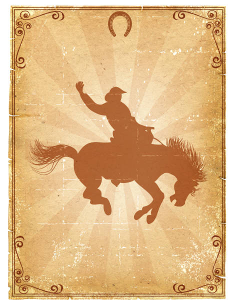 Cowboy riding lonely through the wilderness at sunset