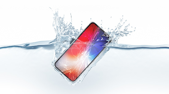Black smartphone mock up with colored screen fall in water, 3d rendering. Mobile smart phone mockup sinks under liquid surface. New Electronic waterproof cellphone falling and dive with splashes.