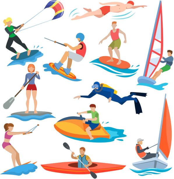 sport wodny wektor ludzi w ekstremalnych aktywności lub windsurfer i kitesurfer ilustracji zestaw sportowców znaków pływaków surfing lub windsurfing izolowane na białym tle - windsurfing obrazy stock illustrations