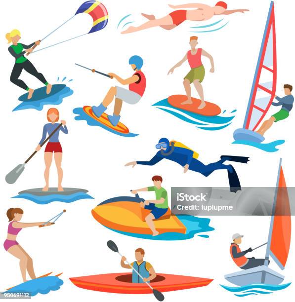 Water Sport Vector People In Extreme Activity Or Windsurfer And Kitesurfer Illustration Set Of Sportsman Characters Swimmers Surfing Or Windsurfing Isolated On White Background Stock Illustration - Download Image Now