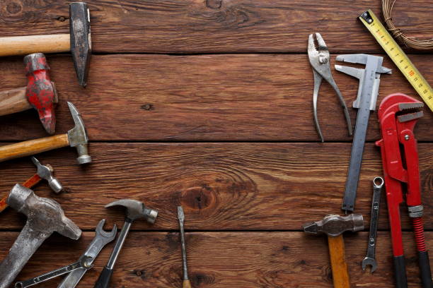 istock Repair tools on wood background with copy space 950693808