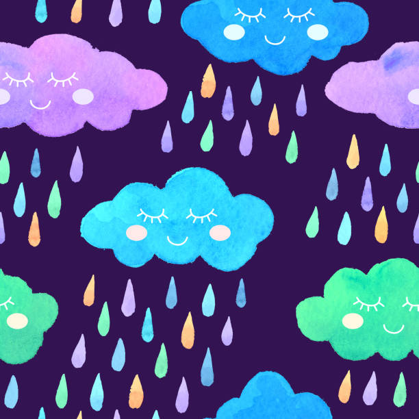 istock Watercolor seamless pattern with smiling clouds and colorful rain. 950693858