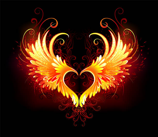 Angel fire heart with wings Angel fire heart with flaming wings on black background. aircraft wing stock illustrations